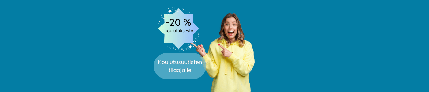 Nainen keltaisessa hupparissa osoittaa tarjousta koulutusuutisten tilaajalle