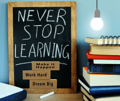 Taulun kirjoitus kehoittaa "Never stop learning", elinikäinen oppiminen kannattaa.